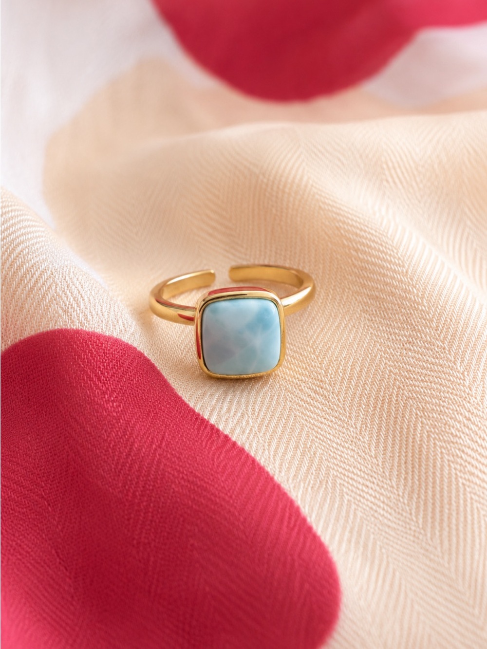 Gold Tone Ring with Light Blue Square Amazonite Stone Adjustable Ring NEW